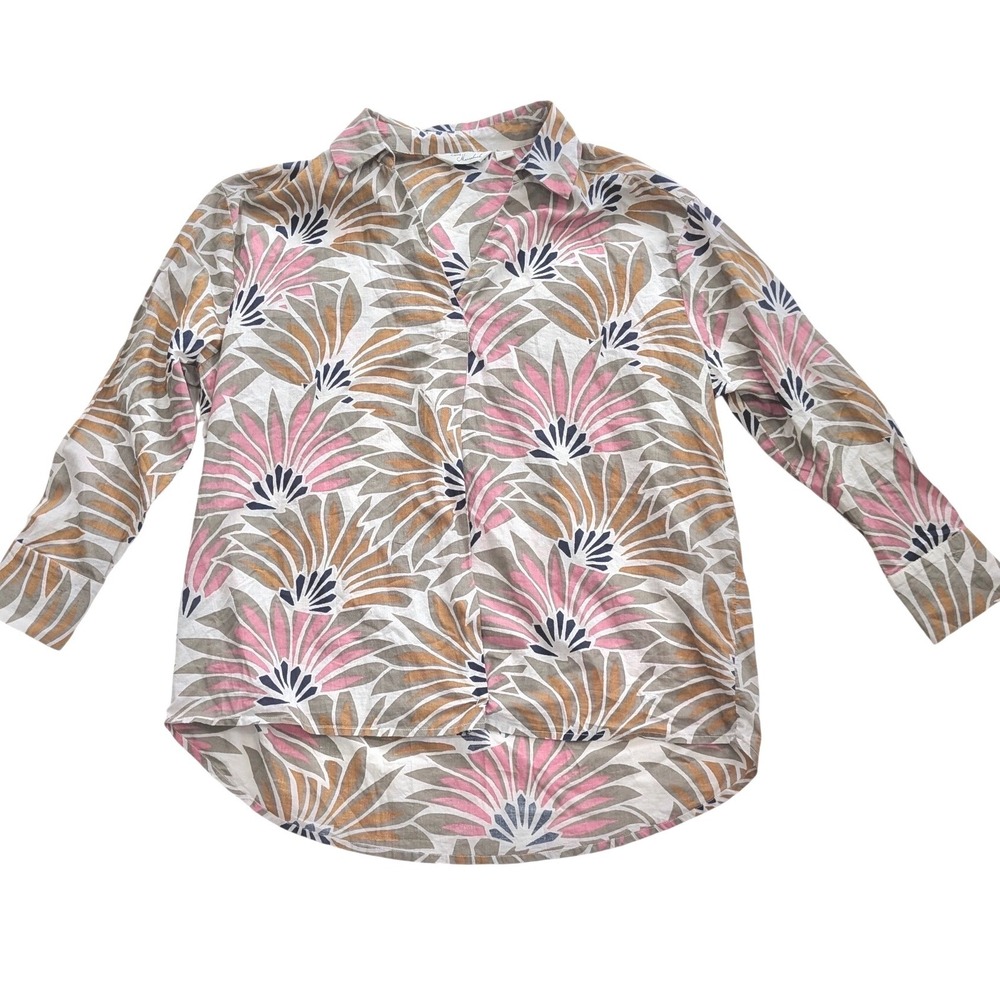 CAFFE‎ MARRAKESH Pink Yellow Botanical Fan Print 100% Cotton Tunic Top Sz M Boho